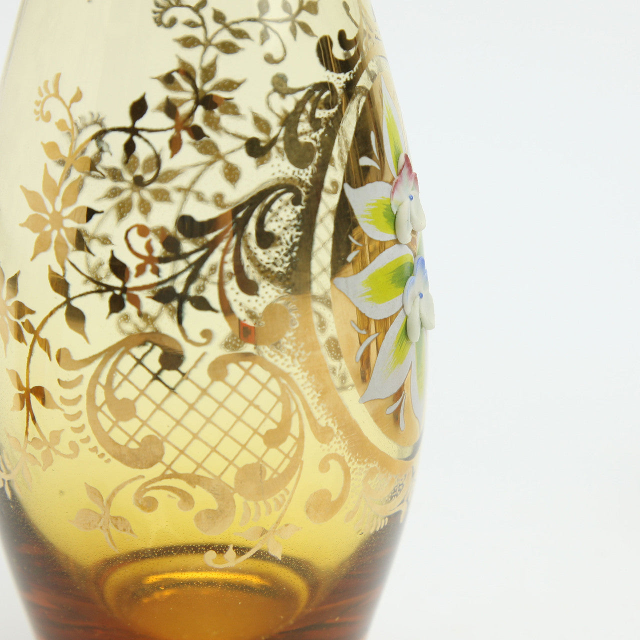 Bohemian Czech Amber Glass Decanter & 6 Cordial Glasses Gilt Floral