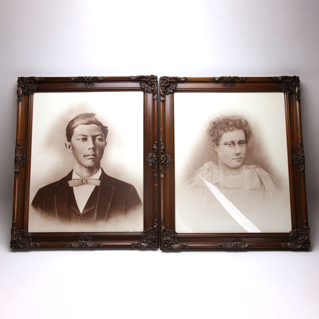 Victorian Framed Portraits Pair Man Woman in Wood Frames