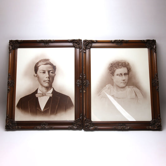 Victorian Framed Portraits Pair Man Woman in Wood Frames