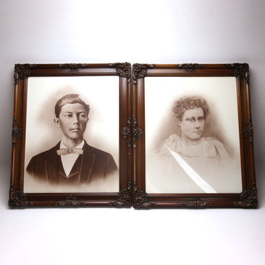 Victorian Framed Portraits Pair Man Woman in Wood Frames