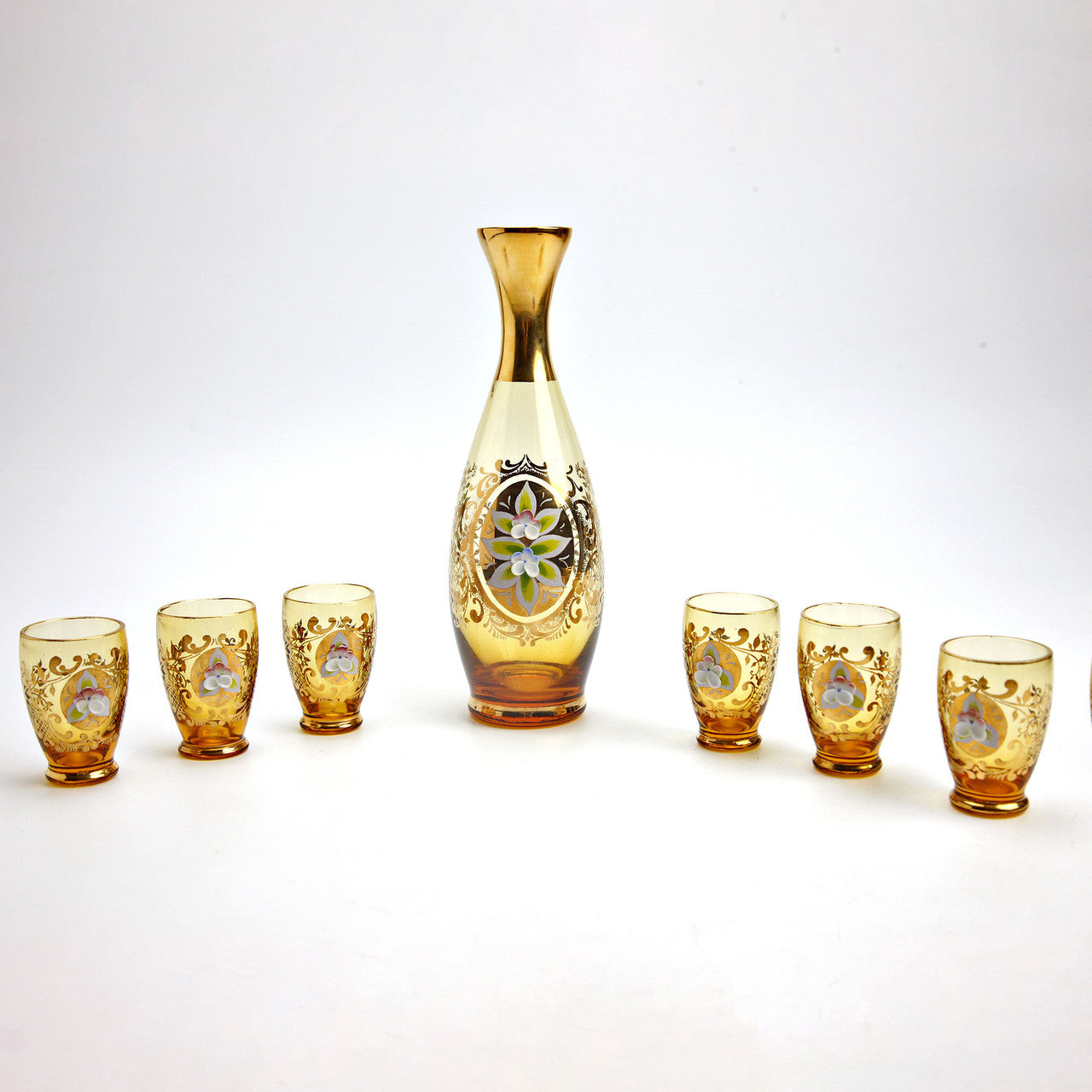 Bohemian Czech Amber Glass Decanter & 6 Cordial Glasses Gilt Floral
