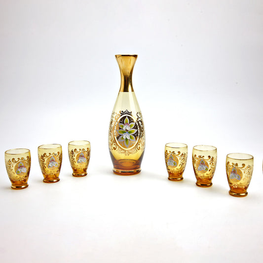 Bohemian Czech Amber Glass Decanter & 6 Cordial Glasses Gilt Floral