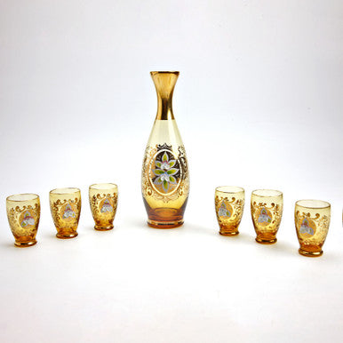 Bohemian Czech Amber Glass Decanter & 6 Cordial Glasses Gilt Floral