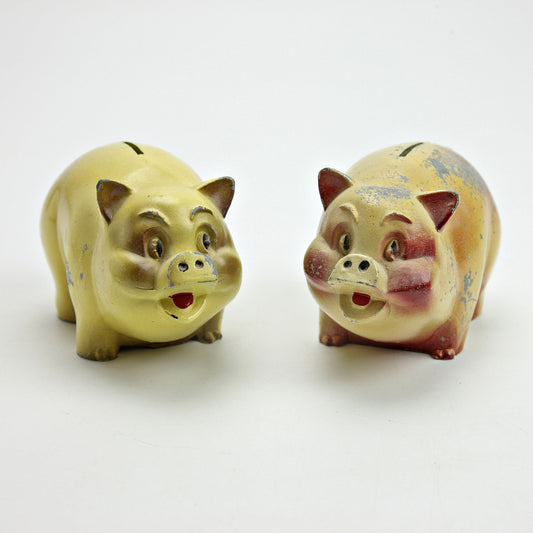 2 Vintage Cast Iron Piggy Banks Home Savings Lawton, OK