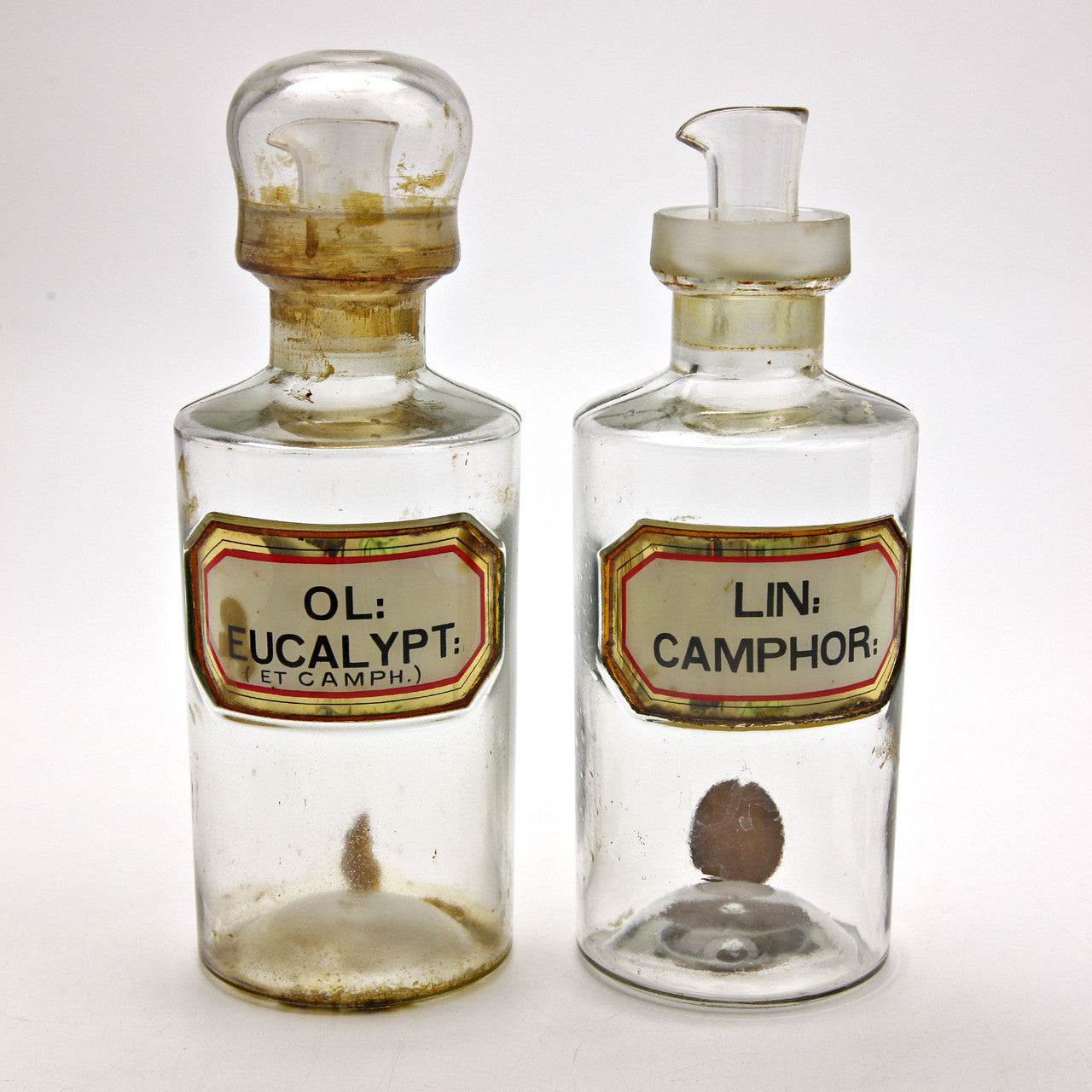Vintage Apothecary Glass Bottles – Eucalypt & Camphor Labels – Early 20th Century