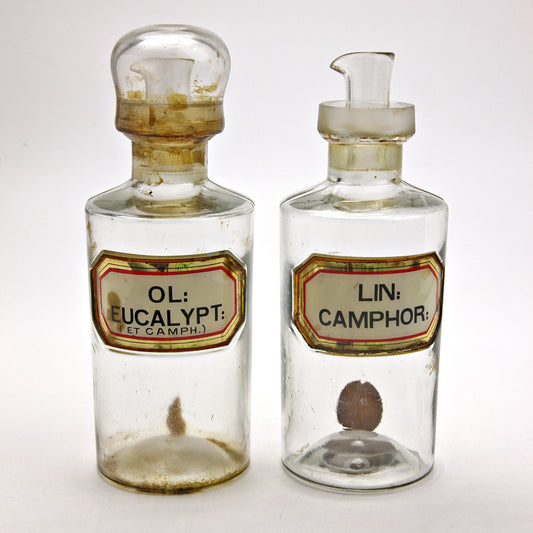 Vintage Apothecary Glass Bottles – Eucalypt & Camphor Labels – Early 20th Century