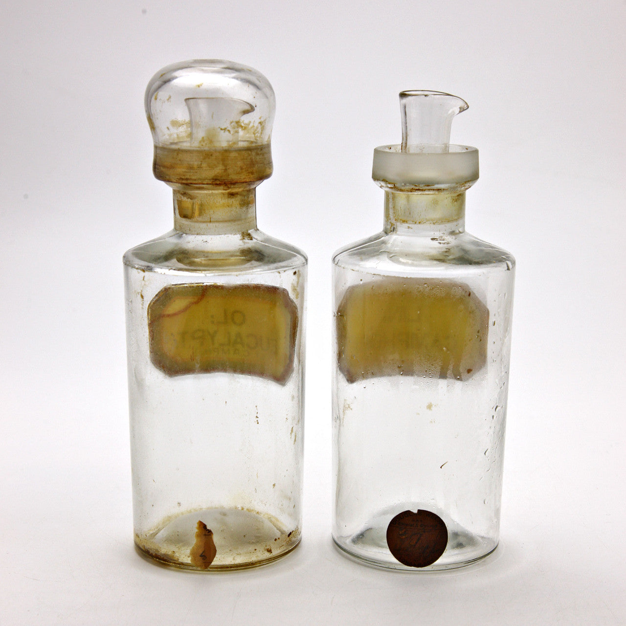 Vintage Apothecary Glass Bottles – Eucalypt & Camphor Labels – Early 20th Century