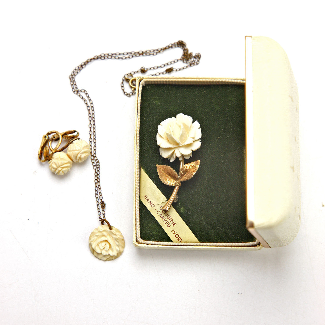 Krementz Carved Ivory Rose Brooch Earrings Necklace Set in Box