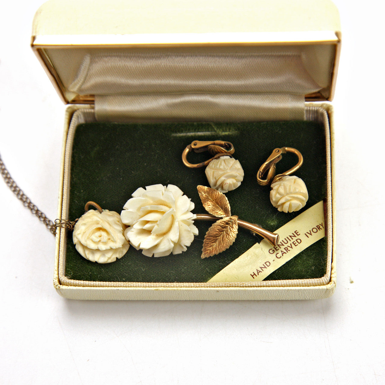 Krementz Carved Ivory Rose Brooch Earrings Necklace Set in Box