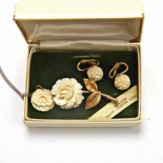 Krementz Carved Ivory Rose Brooch Earrings Necklace Set in Box