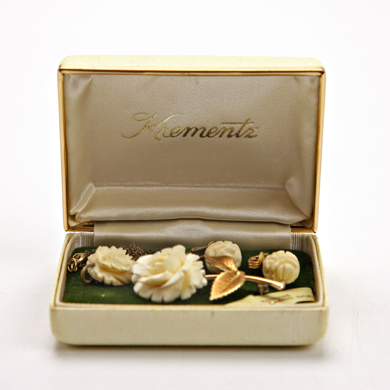 Krementz Carved Ivory Rose Brooch Earrings Necklace Set in Box