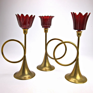 Mid-Century Brass Bugle Candle Holders w/ Red Glass Tulip Shades Set of 3