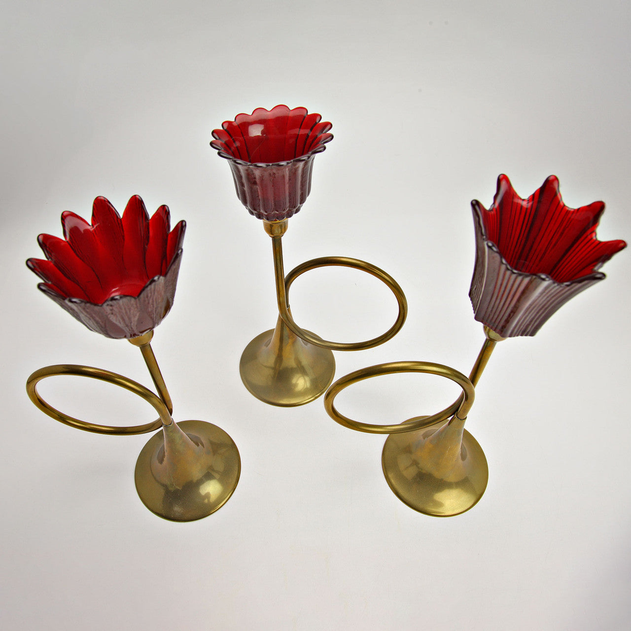 Mid-Century Brass Bugle Candle Holders w/ Red Glass Tulip Shades Set of 3