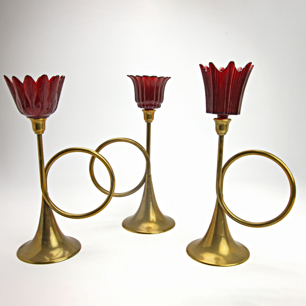 Mid-Century Brass Bugle Candle Holders w/ Red Glass Tulip Shades Set of 3