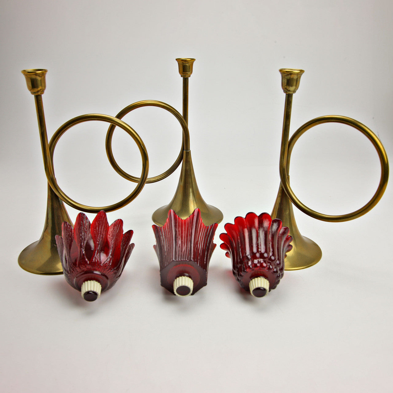 Mid-Century Brass Bugle Candle Holders w/ Red Glass Tulip Shades Set of 3