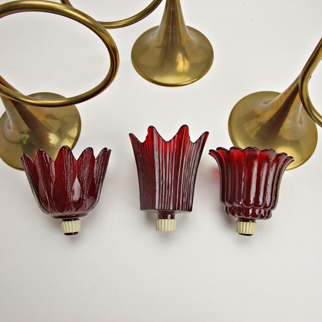 Mid-Century Brass Bugle Candle Holders w/ Red Glass Tulip Shades Set of 3
