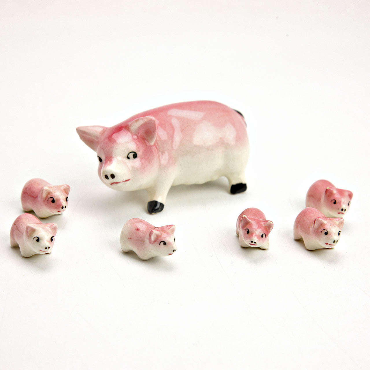 Vintage Japan Porcelain Mama Pig & 6 Piglets Figurine Farmhouse Pig Collectible