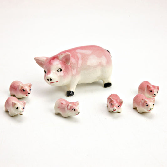 Vintage Japan Porcelain Mama Pig & 6 Piglets Figurine Farmhouse Pig Collectible