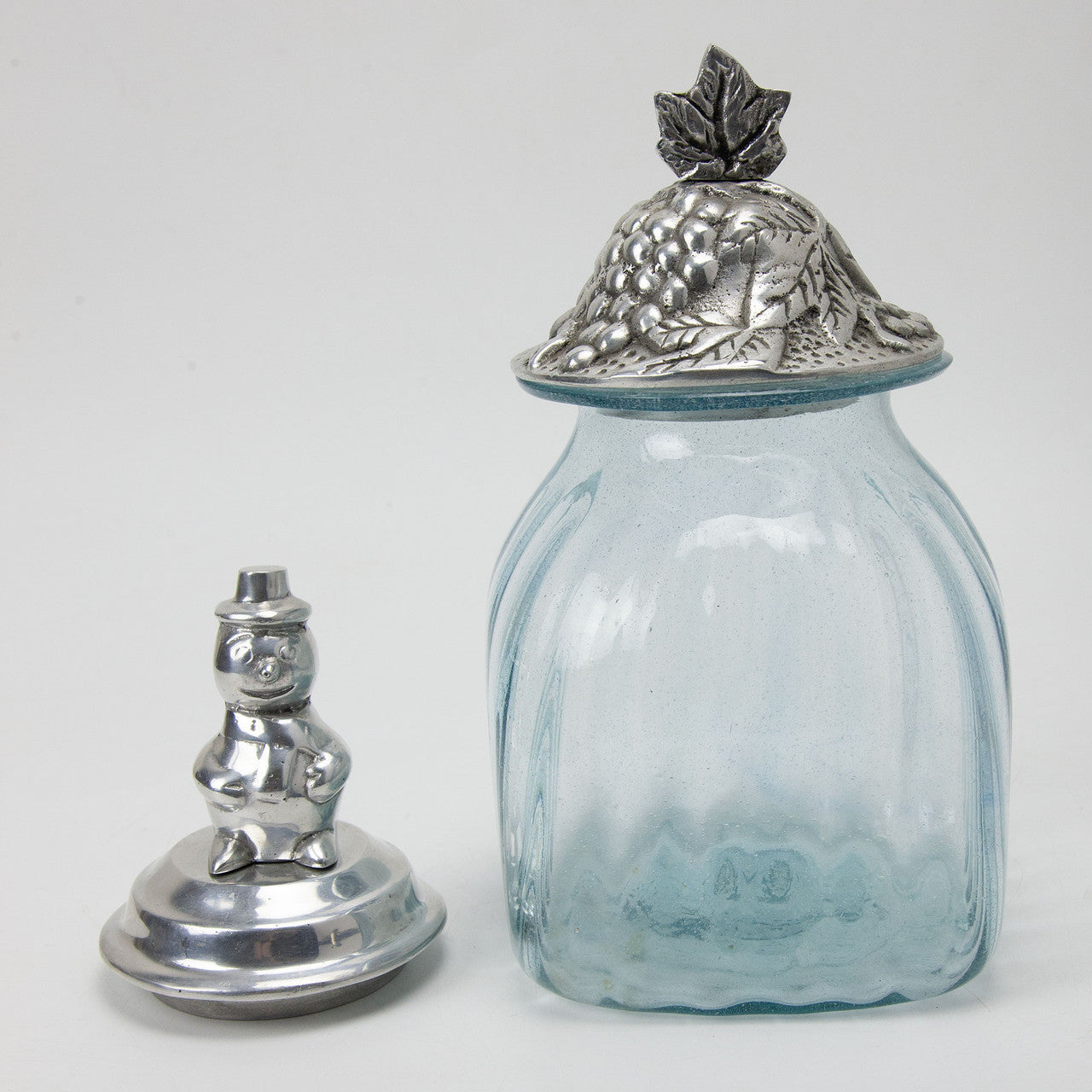Vintage Blue Hand Blown Bubble Glass Jar with Pewter Lids