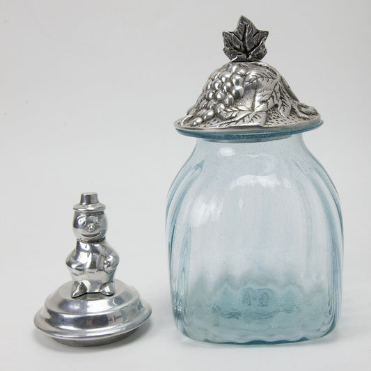 Vintage Blue Hand Blown Bubble Glass Jar with Pewter Lids