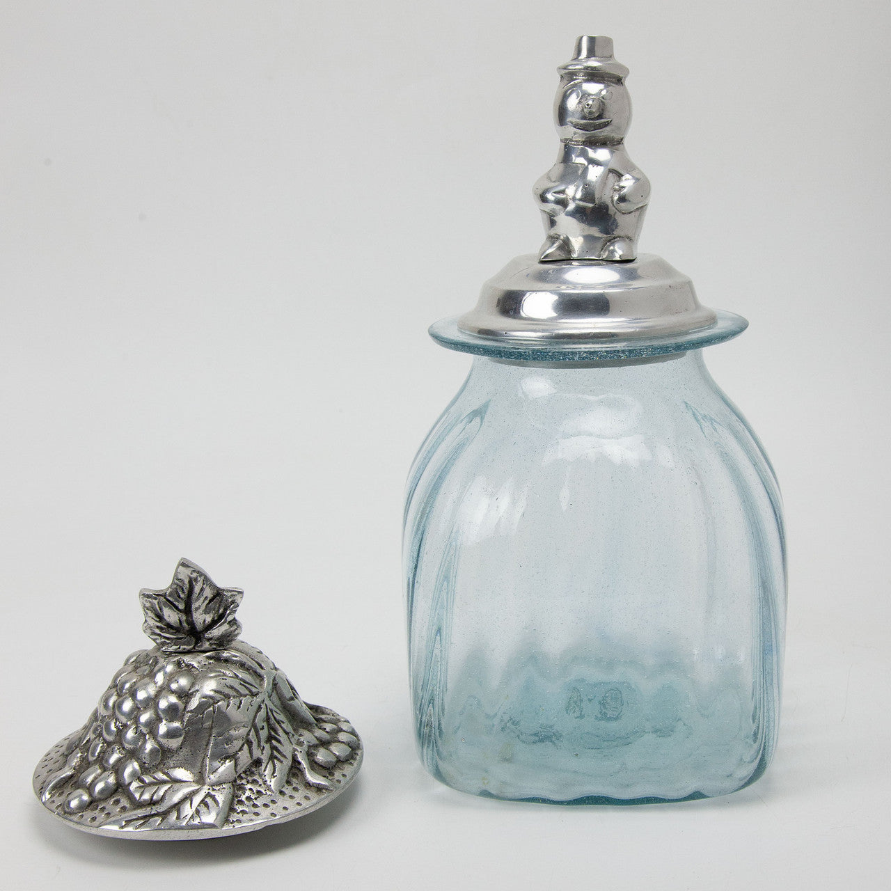 Vintage Blue Hand Blown Bubble Glass Jar with Pewter Lids