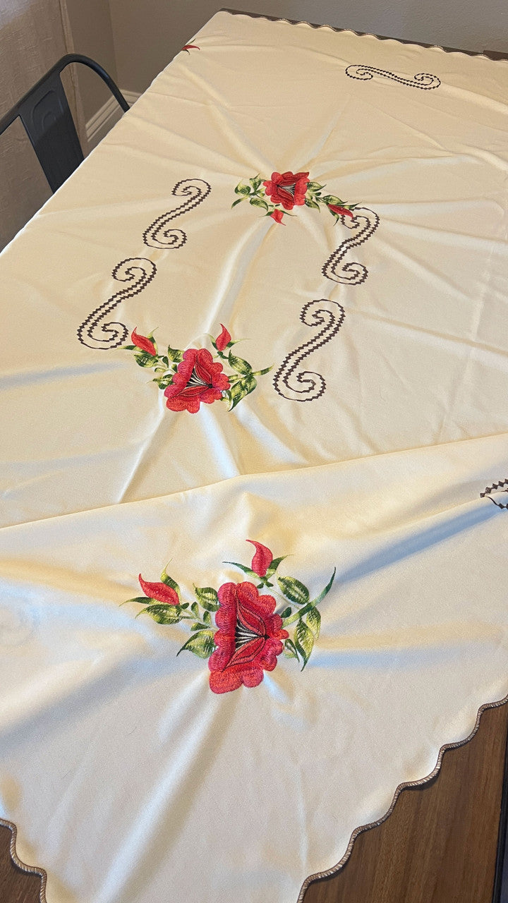 Vintage Floral Embroidered Rectangle Poly Blend Tablecloth 72x57