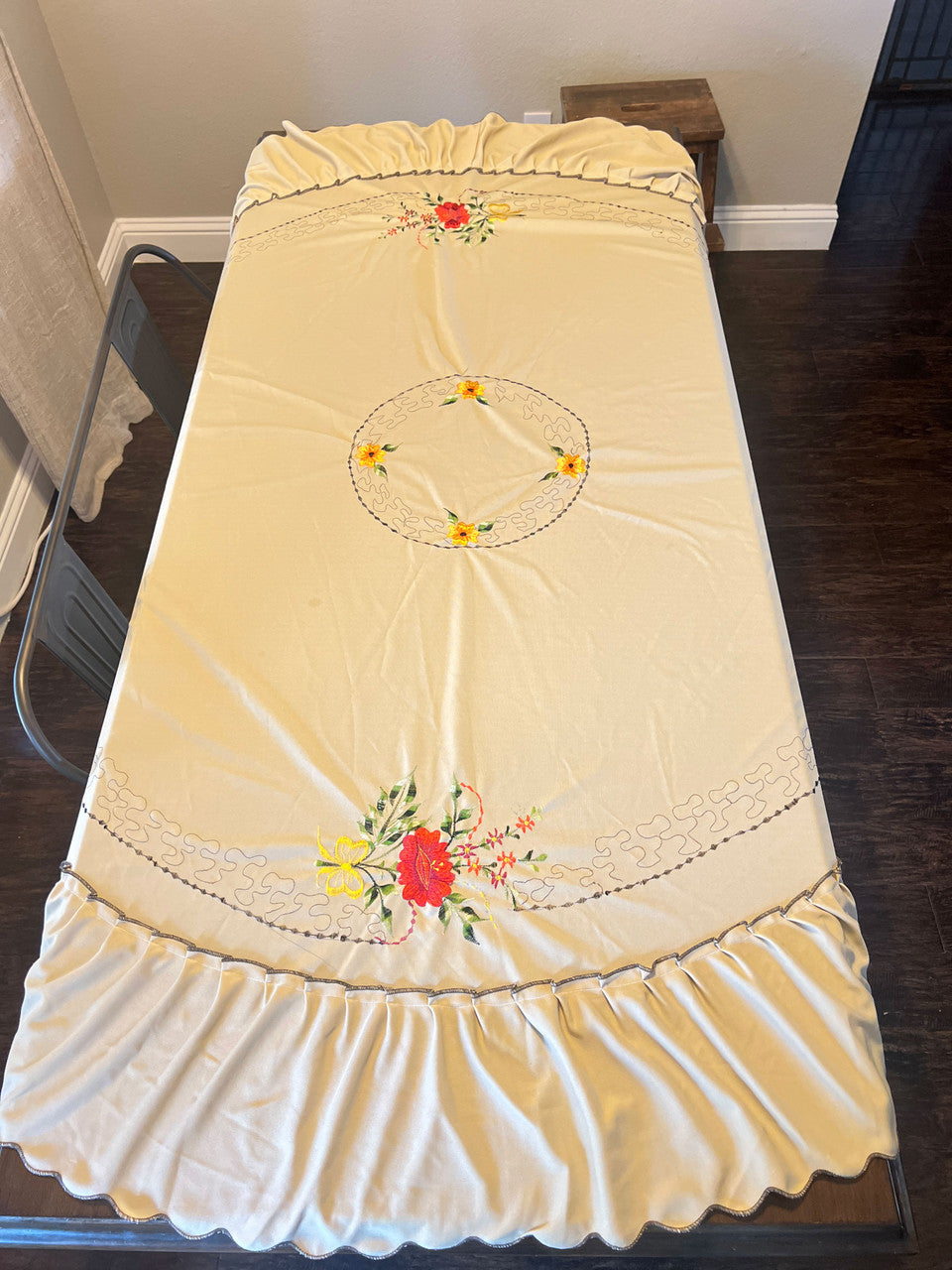 Round Floral Embroidered Tablecloth with Skirt Poly Blend 60in
