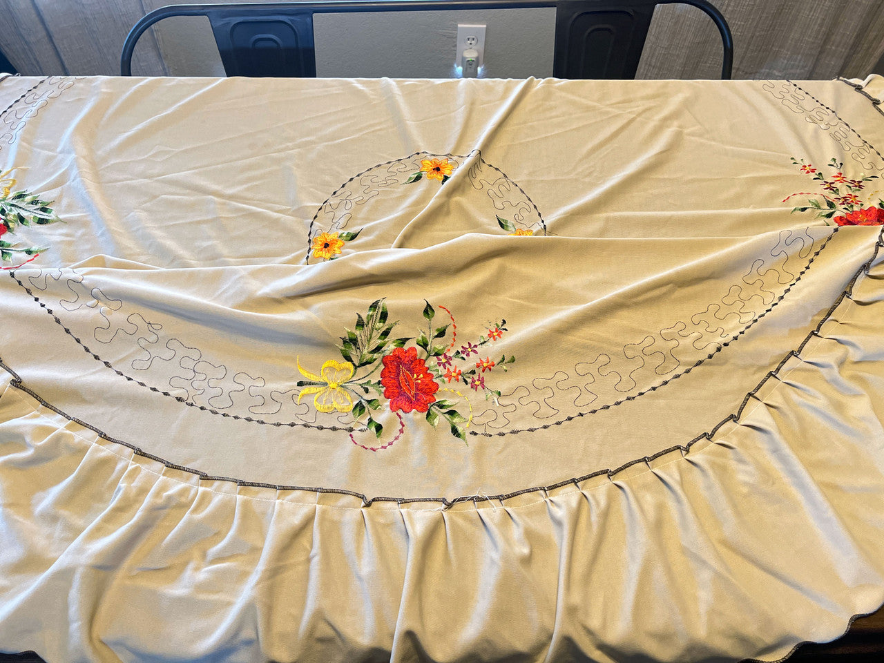 Round Floral Embroidered Tablecloth with Skirt Poly Blend 60in