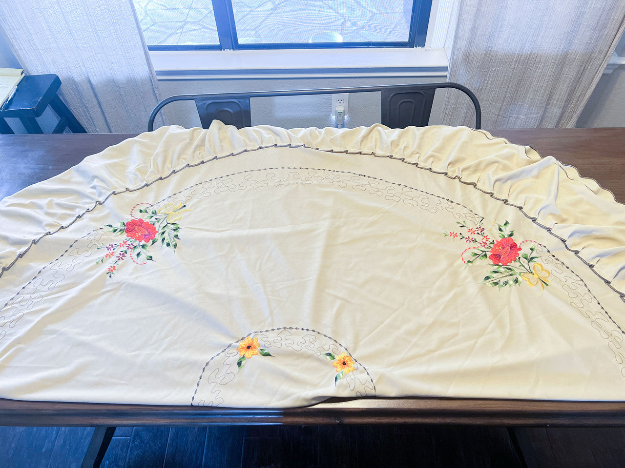 Round Floral Embroidered Tablecloth with Skirt Poly Blend 60in