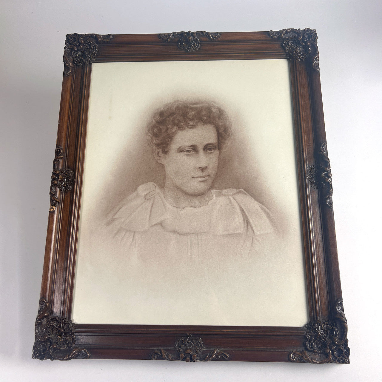 Victorian Framed Portraits Pair Man Woman in Wood Frames