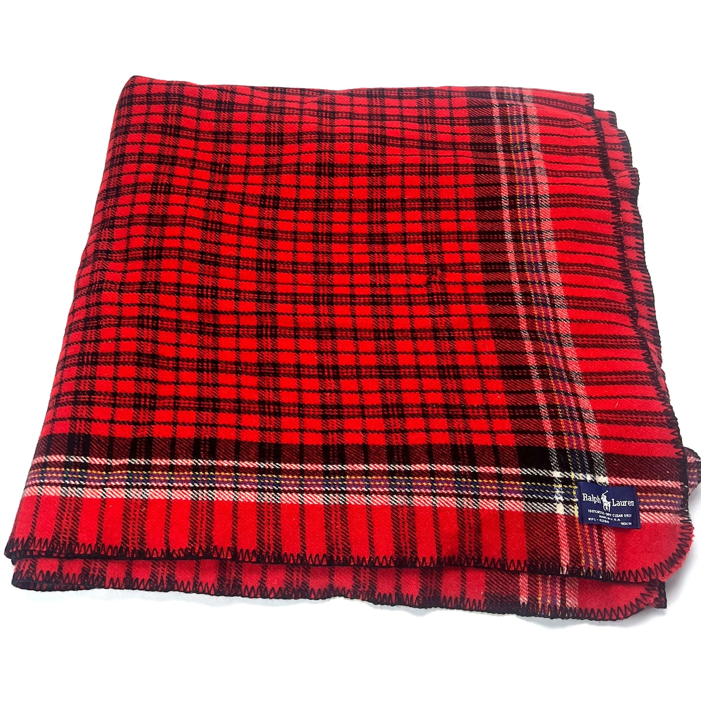 1990s Ralph Lauren Red Black Wool Blanket 90x90 Full Size