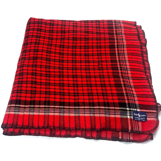 1990s Ralph Lauren Red Black Wool Blanket 90x90 Full Size