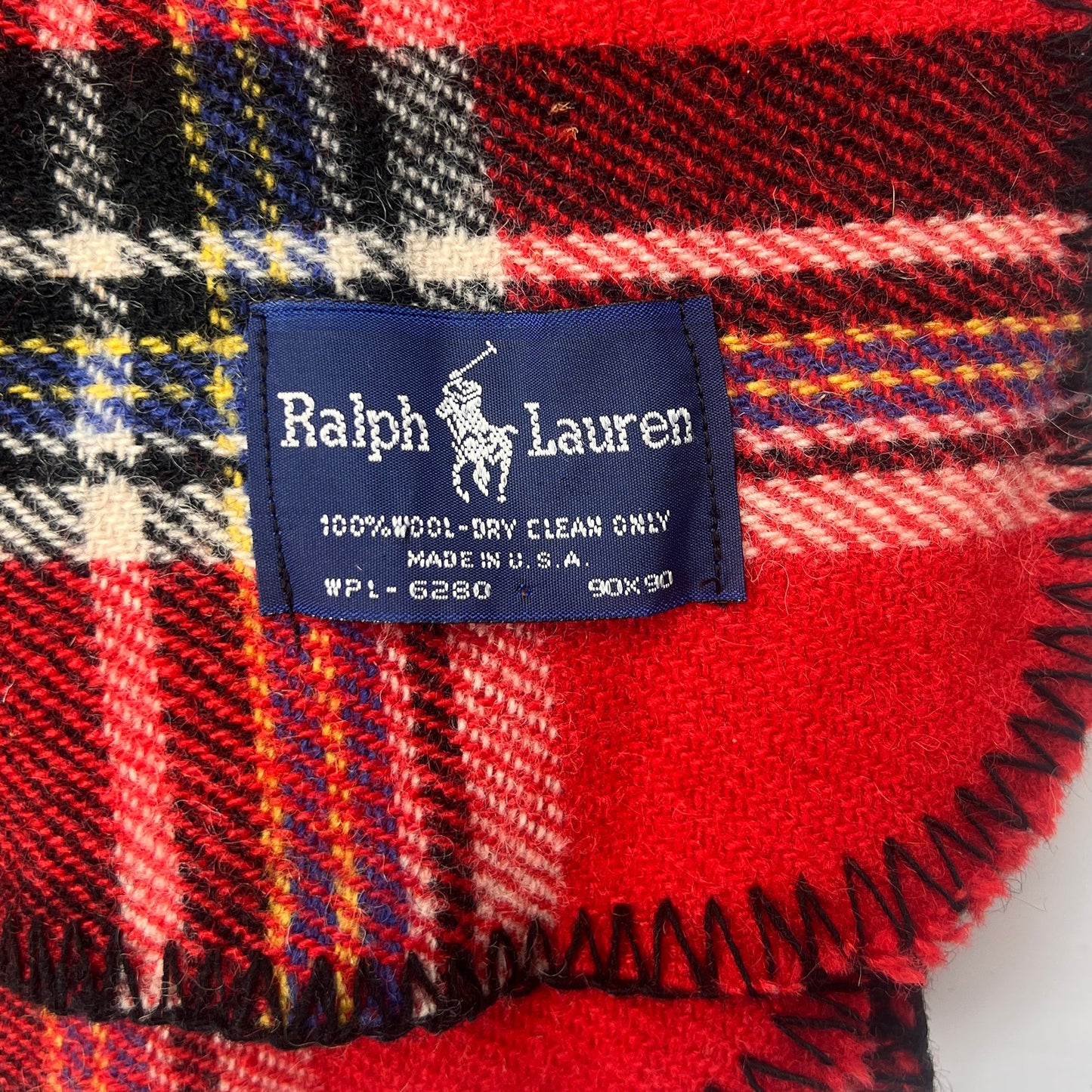 1990s Ralph Lauren Red Black Wool Blanket 90x90 Full Size