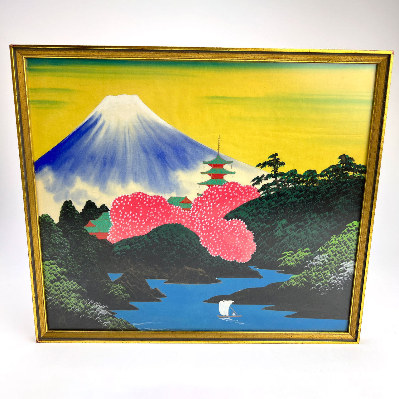 MCM Japanese Mount Fuji Framed Woodblock Style Print Framed 17.5”x16.5”
