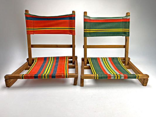 2 Vintage 1940s Folding  Canvas & Wood Stadium Chairs Sports Seats