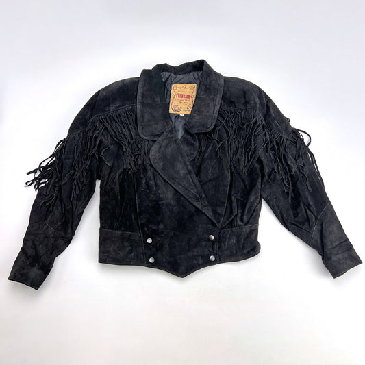 1980s Women's Frontier USA Black Suede Fringe Cropped Leather Jacket Medium
