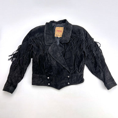 1980s Women's Frontier USA Black Suede Fringe Cropped Leather Jacket Medium