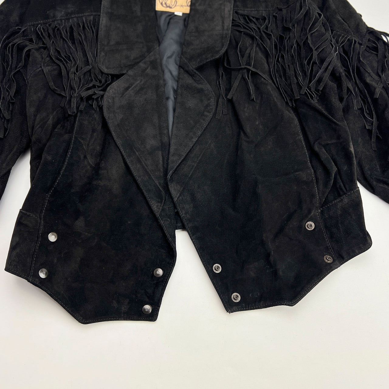 1980s Women's Frontier USA Black Suede Fringe Cropped Leather Jacket Medium
