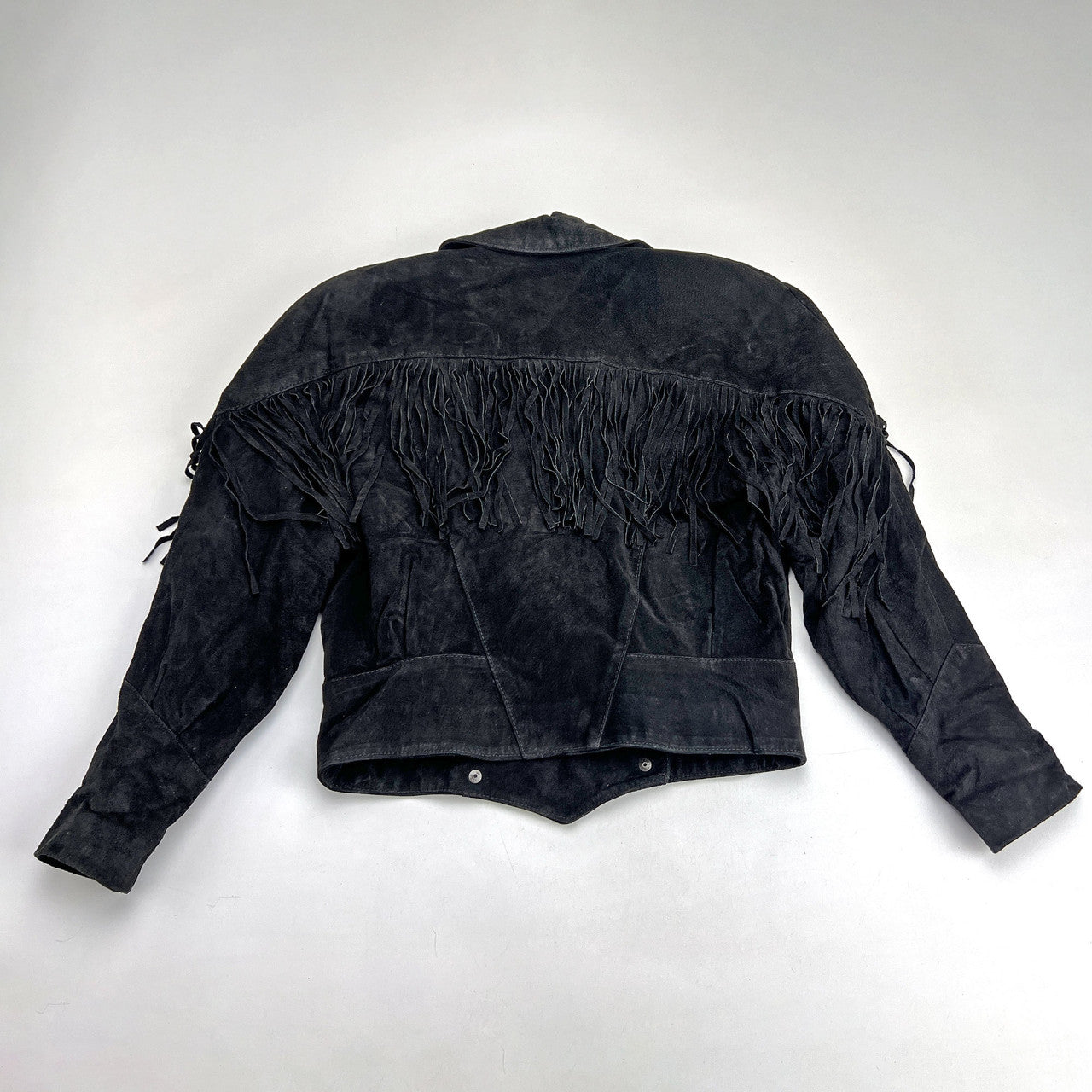 1980s Women's Frontier USA Black Suede Fringe Cropped Leather Jacket Medium