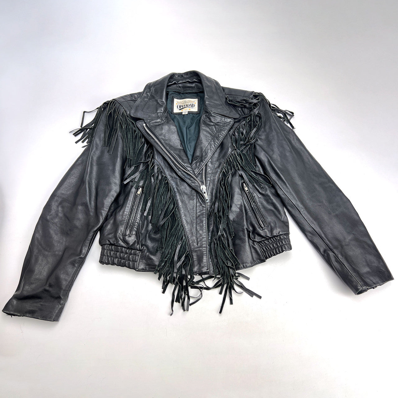 1980s Women's Open Road Black Leather Fringe Motorcycle Jacket Size 12