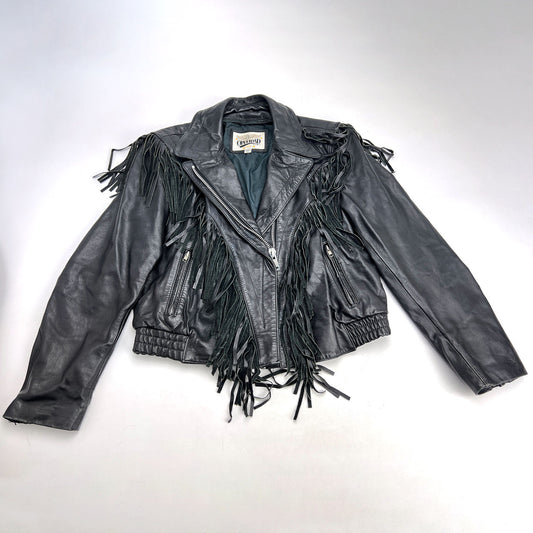 1980s Women's Open Road Black Leather Fringe Motorcycle Jacket Size 12