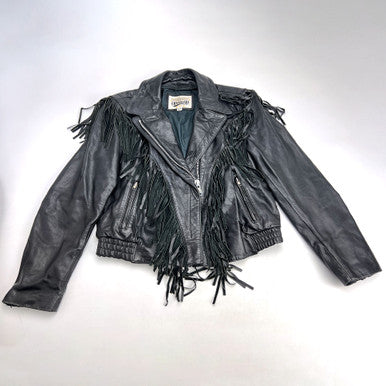 1980s Women's Open Road Black Leather Fringe Motorcycle Jacket Size 12