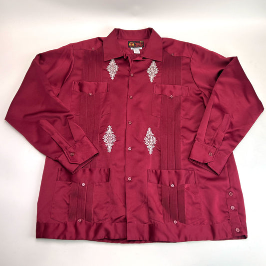Vintage Guayabera Copacabana Satin Shirt, Men's XXL, Burgundy, 1990s Mexico