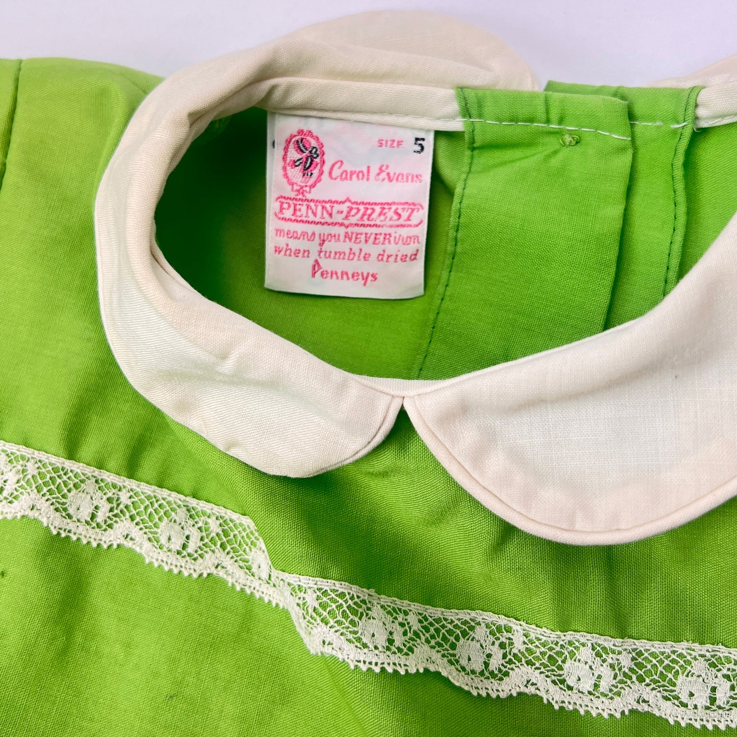 Vintage Patti Playpal 35" Doll Outfit Green Lace Trim 3/4 Sleeve Dress