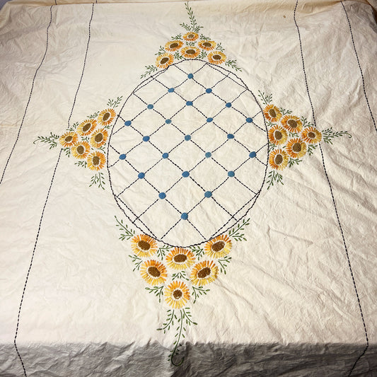 Vintage Embroidered Sunflower Tablecloth Cotton 80x100 Floral